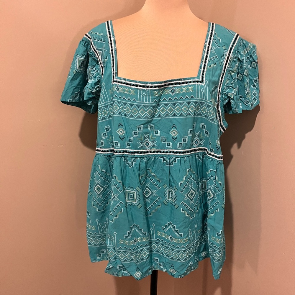 Turquoise Square-Neck Embroidered Peasant Blouse